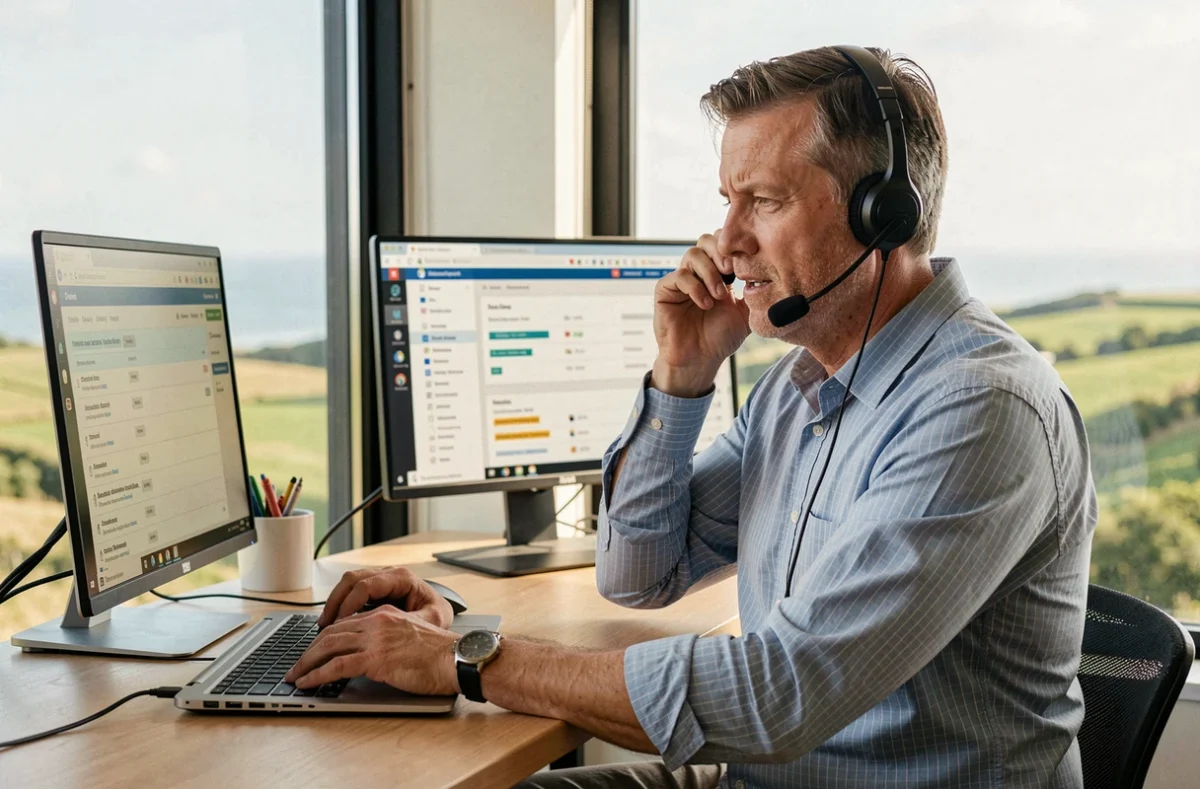 Technicien de Côte Fleurie Informatique en support téléphonique avec vue sur le littoral normand