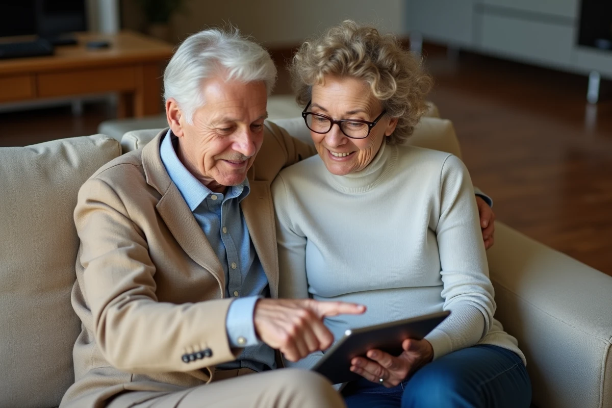 Couple de seniors vérifiant ensemble les activités de leur compte Google sur une tablette dans leur salon