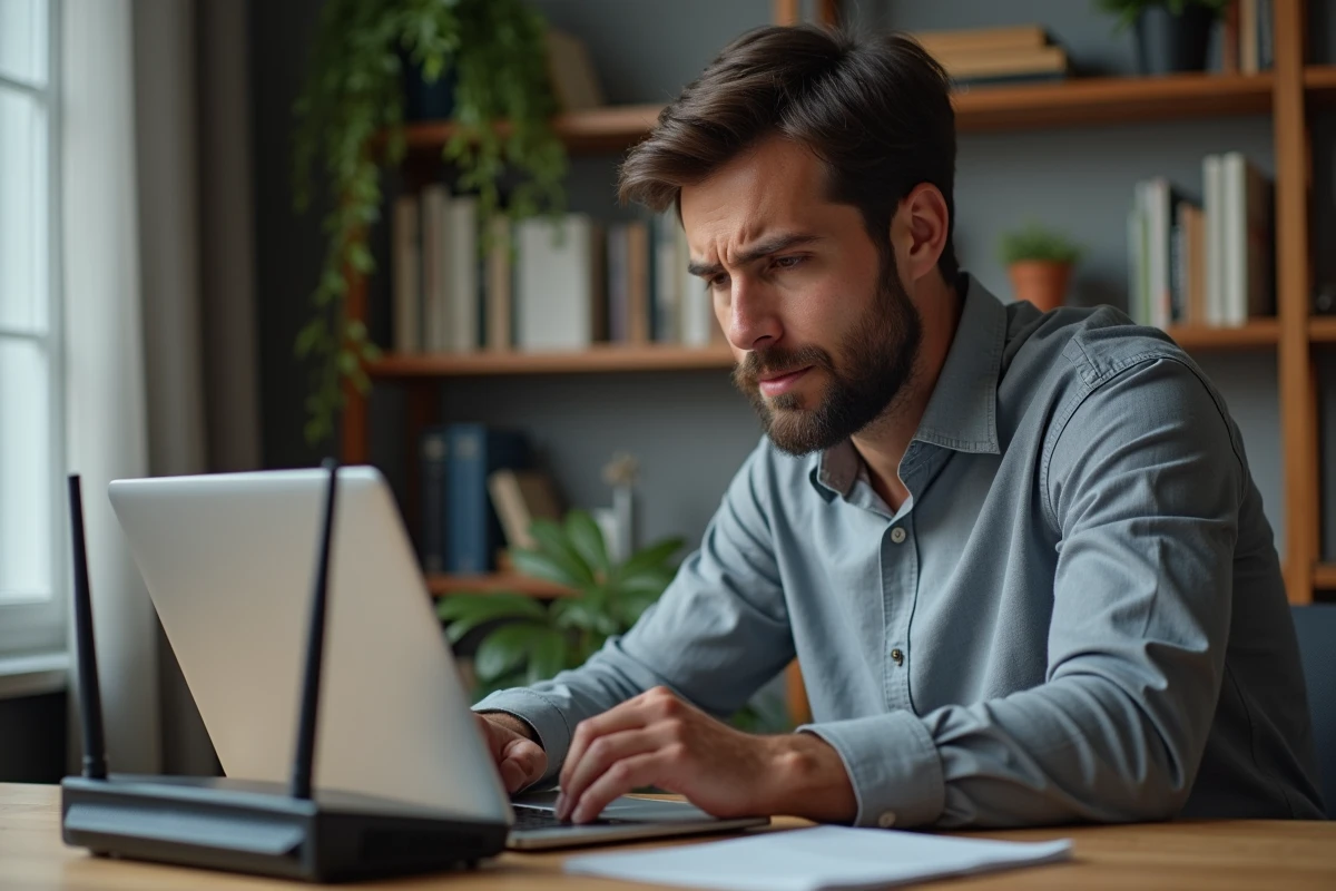Homme dépannant une connexion Wi-Fi lente depuis son bureau à domicile avec un routeur et un ordinateur portable