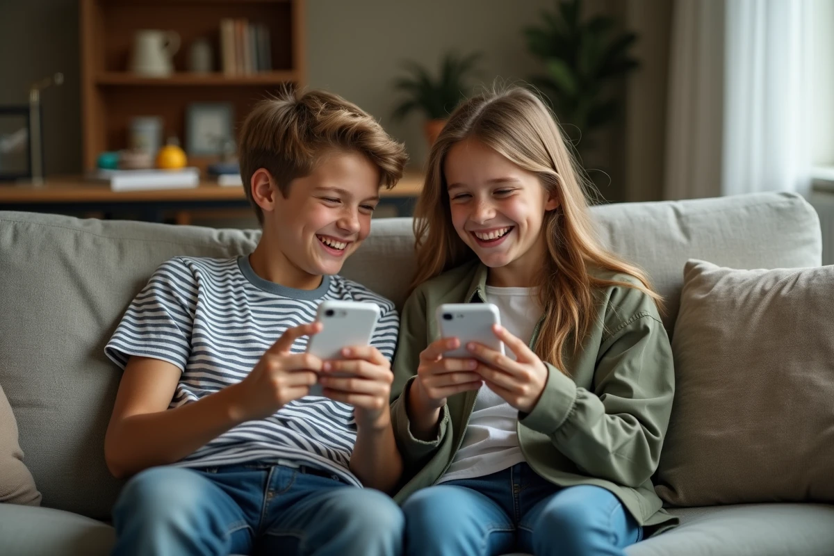 Deux adolescents partageant un moment sur un smartphone Huawei P10 Lite dans un salon
