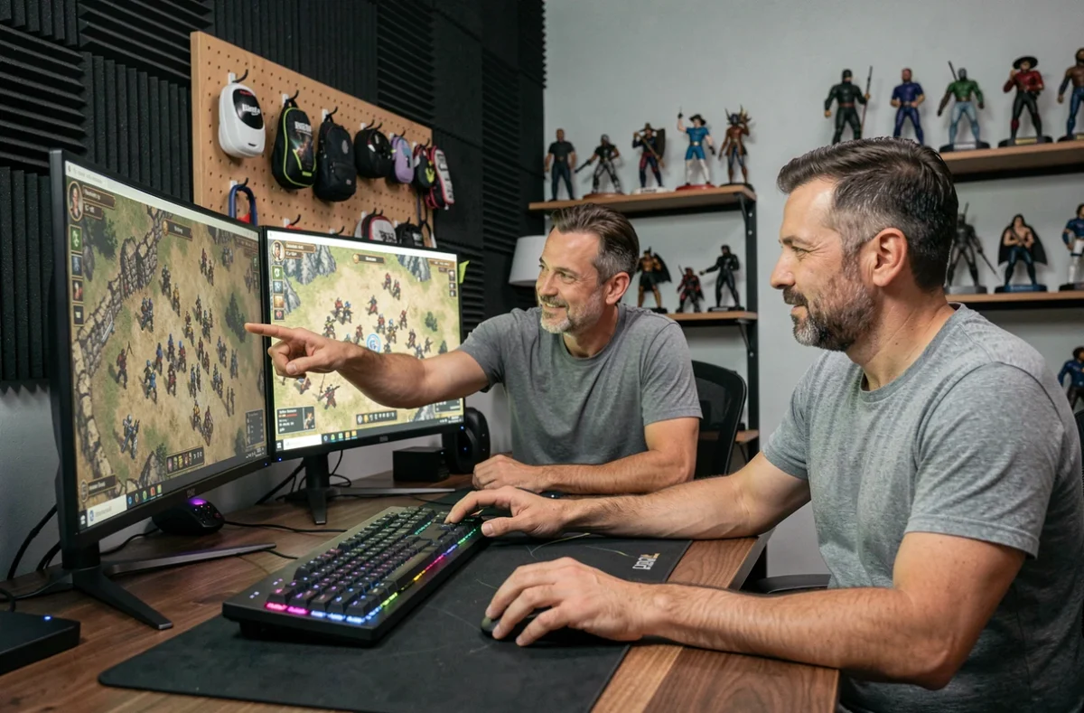 Deux amis jouant ensemble à un jeu de stratégie au tour par tour sur PC dans une salle de gaming