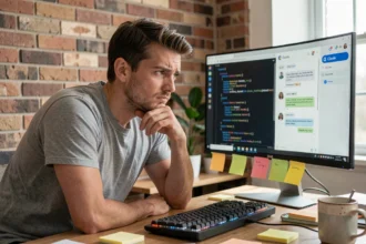 Développeur analysant l'interface Claude AI sur un grand écran dans un bureau à domicile moderne