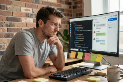 Développeur analysant l'interface Claude AI sur un grand écran dans un bureau à domicile moderne