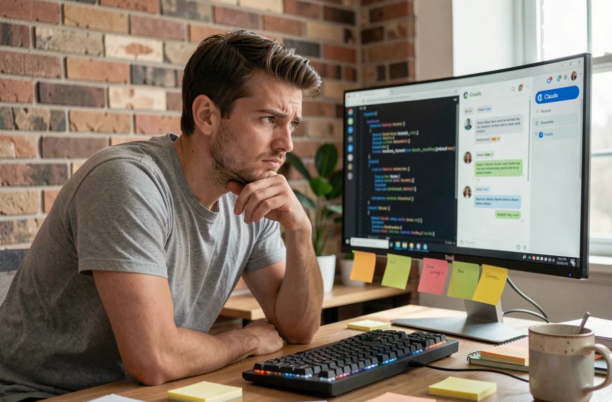 Développeur analysant l'interface Claude AI sur un grand écran dans un bureau à domicile moderne