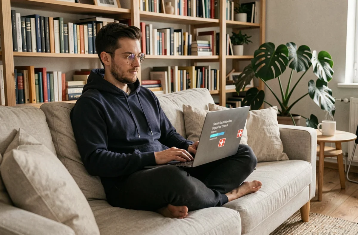 Développeur travaillant depuis chez lui en transférant de gros fichiers via un service suisse sécurisé