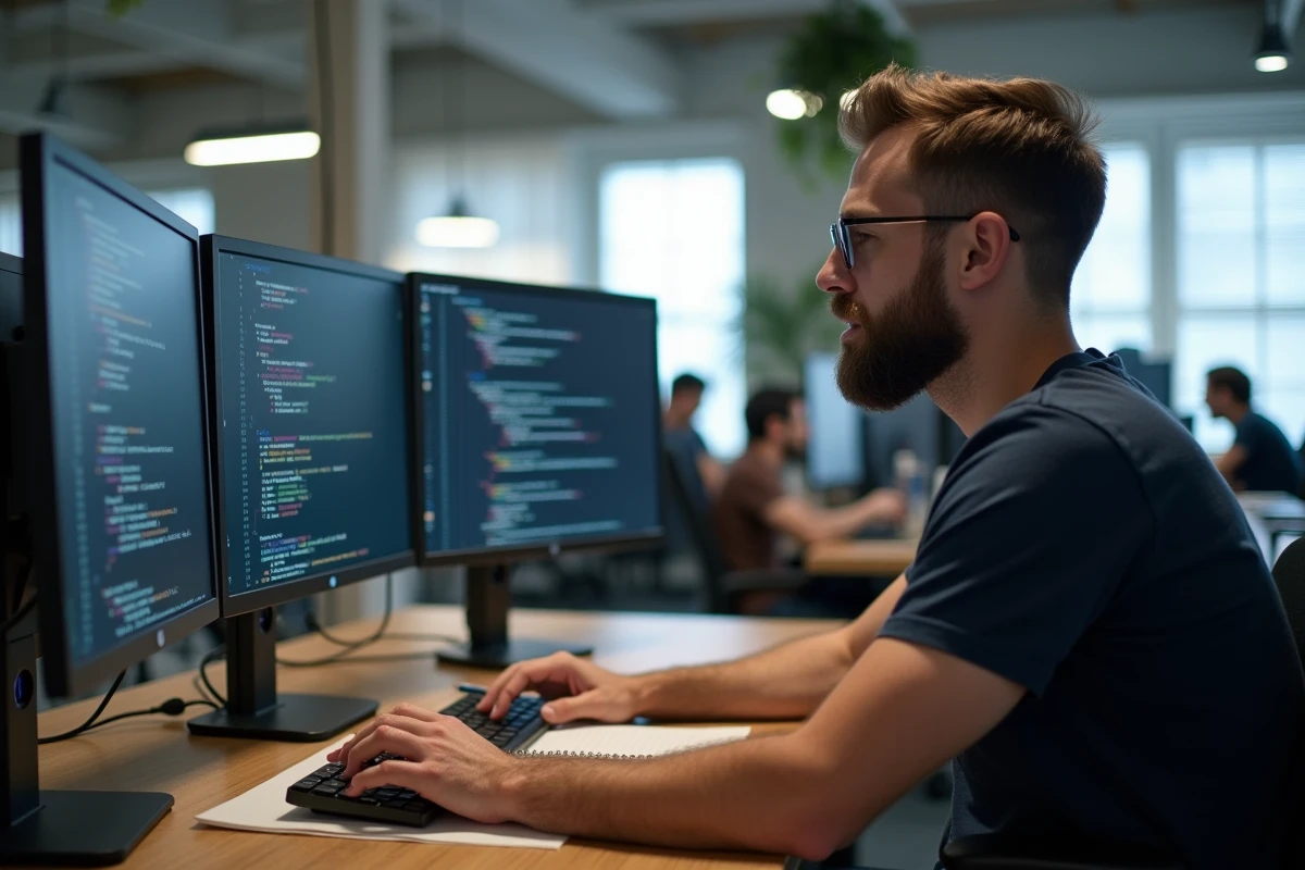 Développeur senior travaillant sur des modules Python dans un open-space moderne avec plusieurs écrans affichant du code