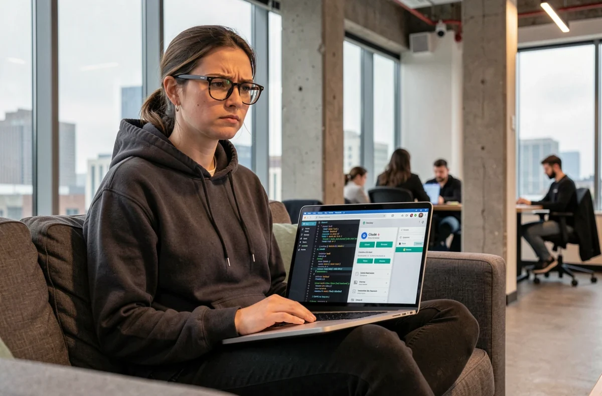 Développeuse utilisant Claude AI gratuitement sur son ordinateur portable dans un espace de coworking urbain