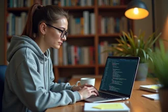 Développeuse Python concentrée tapant du code de module Python sur un laptop dans un bureau à domicile chaleureux