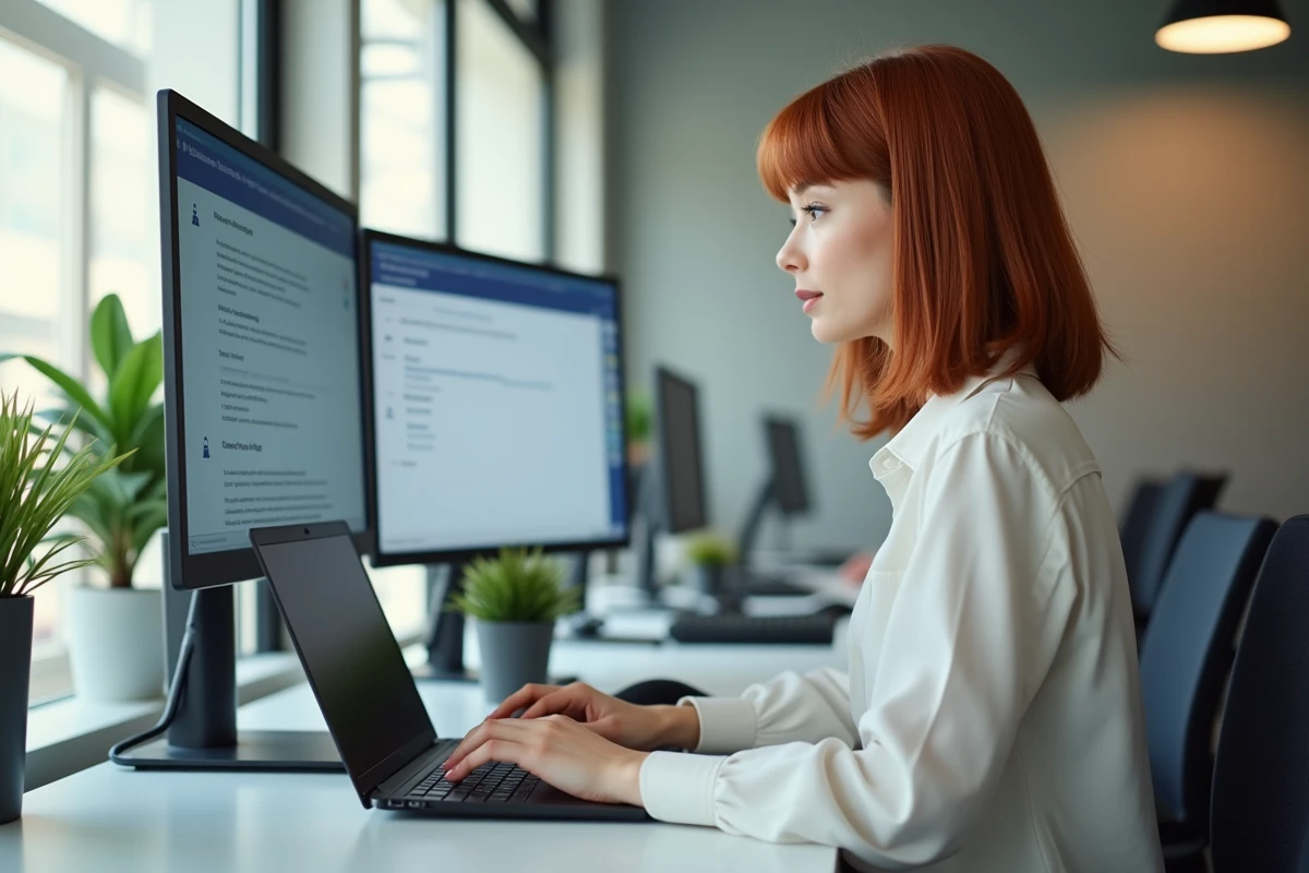 Femme diagnostiquant un problème de souris via le gestionnaire de périphériques Windows dans un bureau professionnel