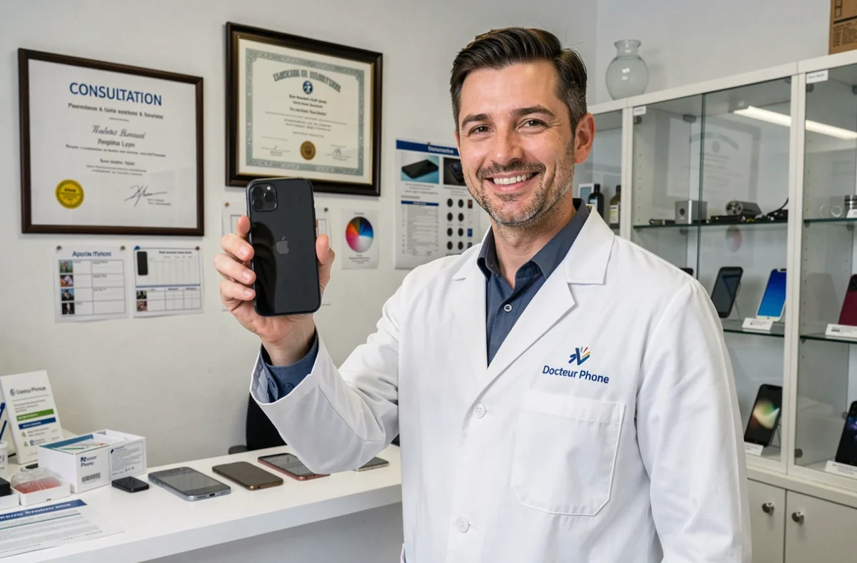 Technicien Docteur Phone Lyon en blouse blanche présentant fièrement un smartphone réparé dans son atelier thématique