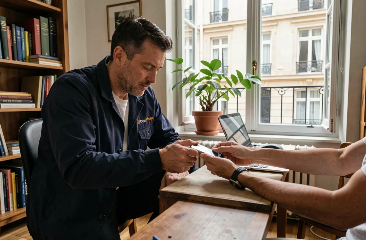 Technicien DomPhone69 effectuant une réparation de smartphone à domicile dans un appartement lyonnais