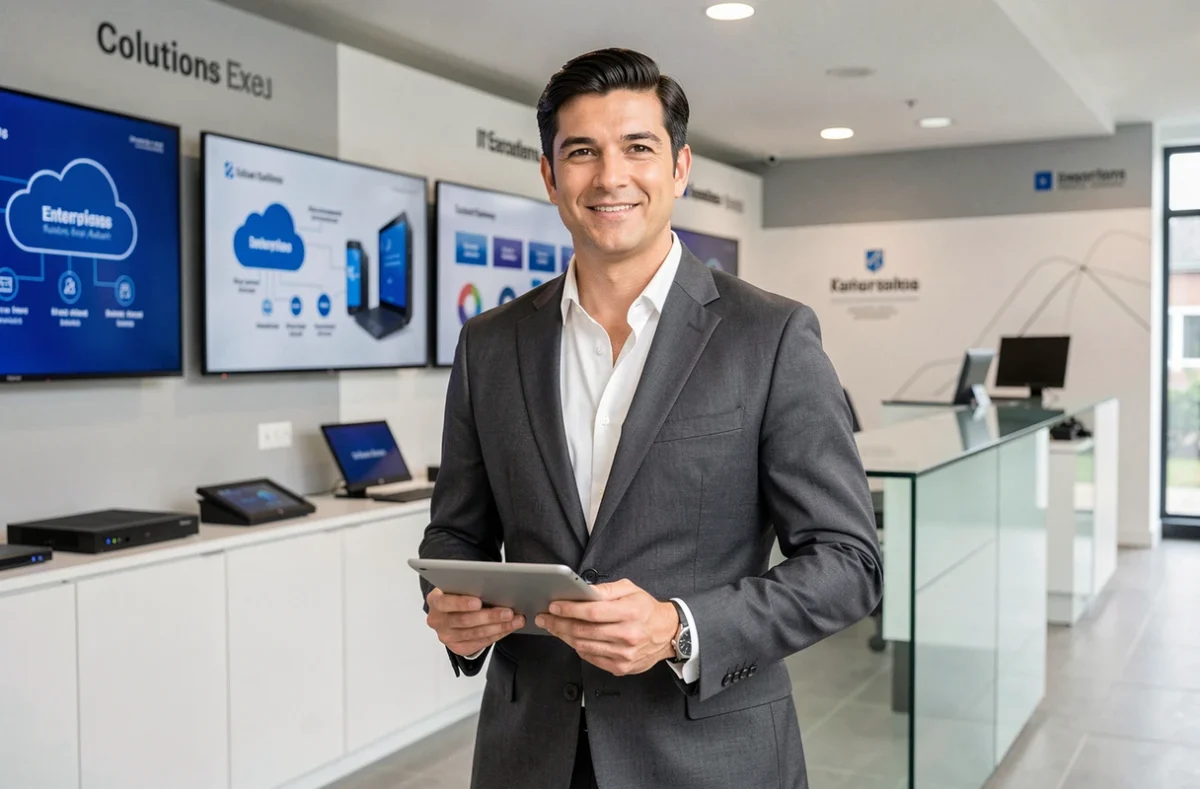 Consultant commercial d'Econocom dans un showroom de solutions informatiques d'entreprise moderne