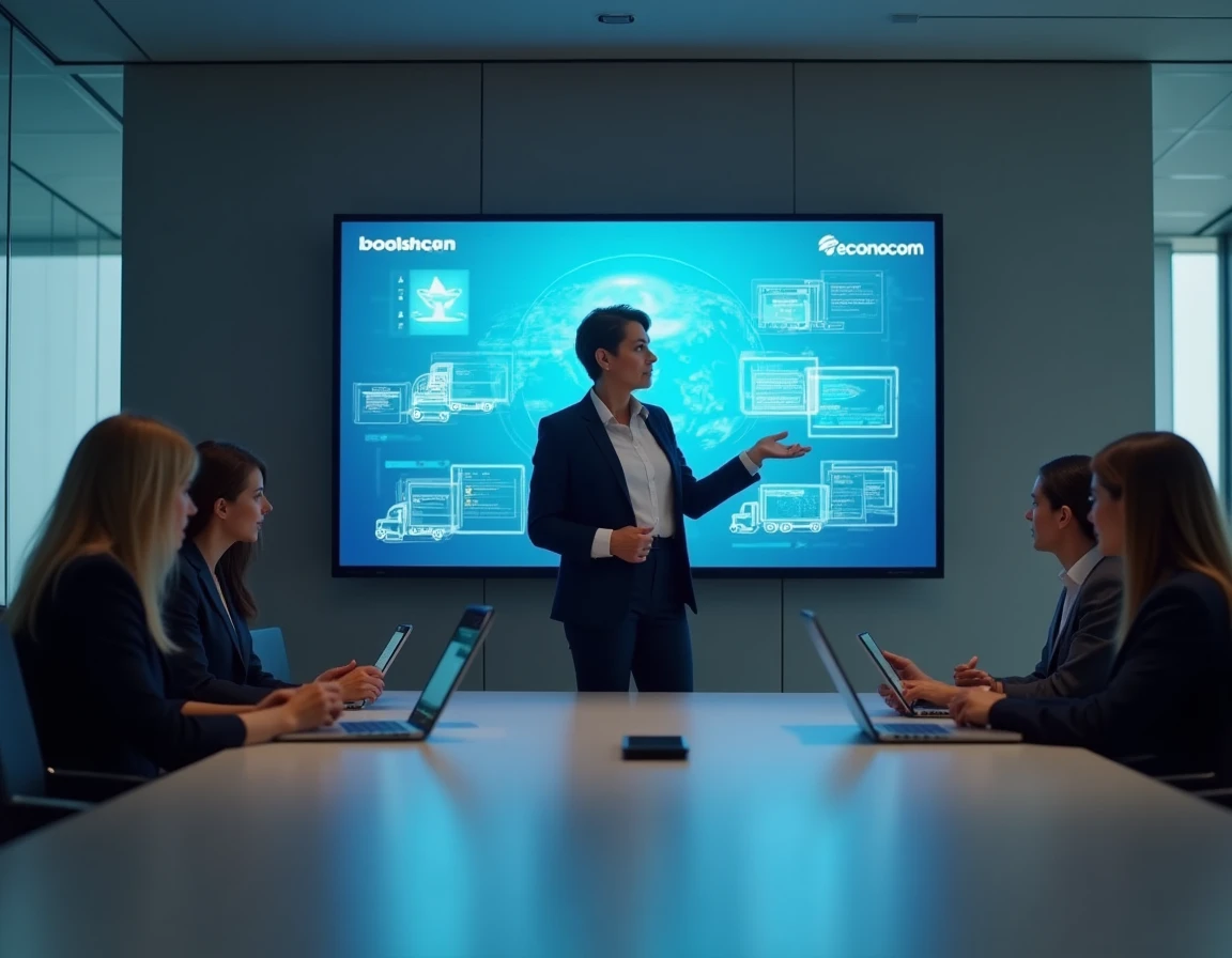 Responsable commerciale d'Econocom Products & Solutions présentant des solutions informatiques en salle de réunion corporate