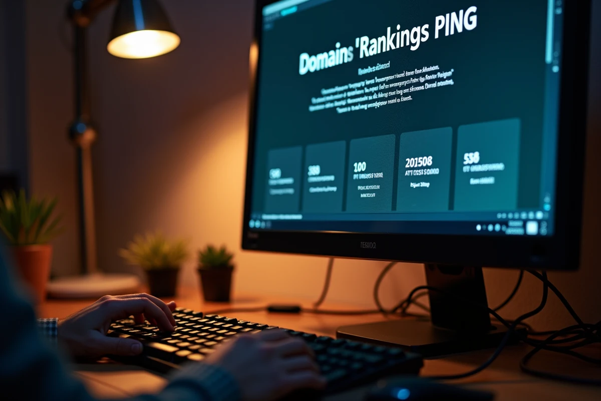 Écran d'ordinateur affichant un site de classement par ping avec des données de temps de réponse de domaines