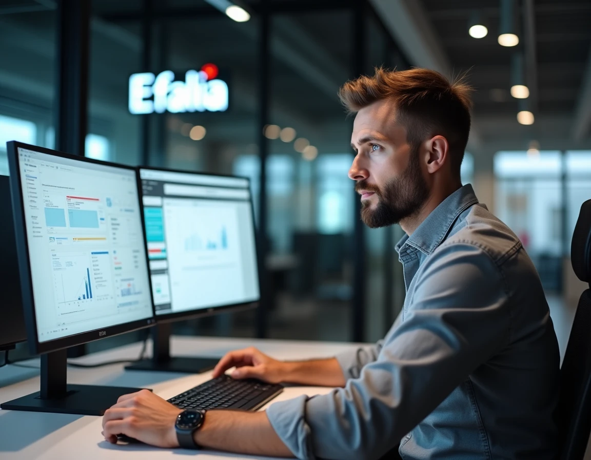 Consultant logiciel d'Efalia travaillant sur une solution de gestion documentaire numérique dans un bureau moderne