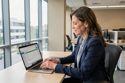 Employée en blazer marine consultant ses fiches de paie sur une interface numérique Arkevia dans un bureau moderne