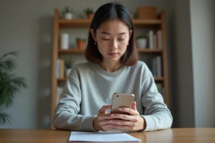 Femme tenant un smartphone Samsung et consultant un tutoriel pour enregistrer l'écran pas à pas