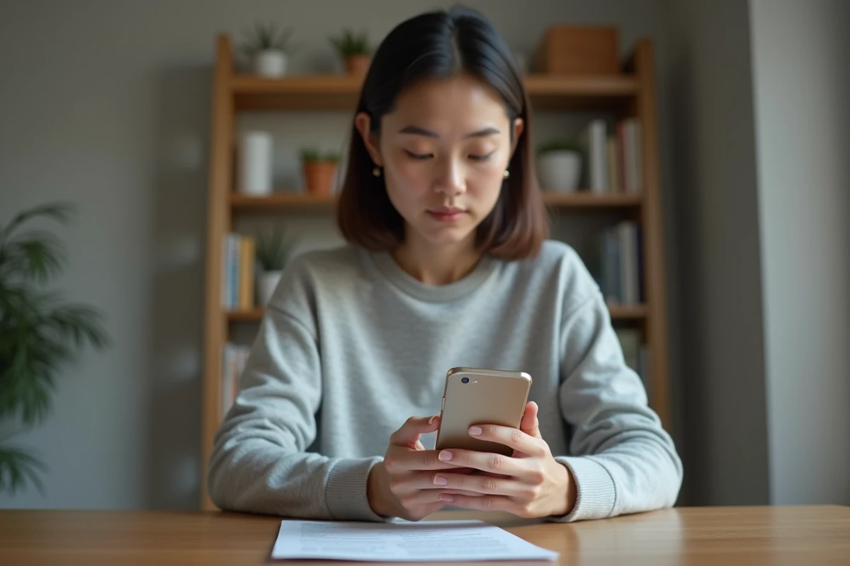 Femme tenant un smartphone Samsung et consultant un tutoriel pour enregistrer l'écran pas à pas