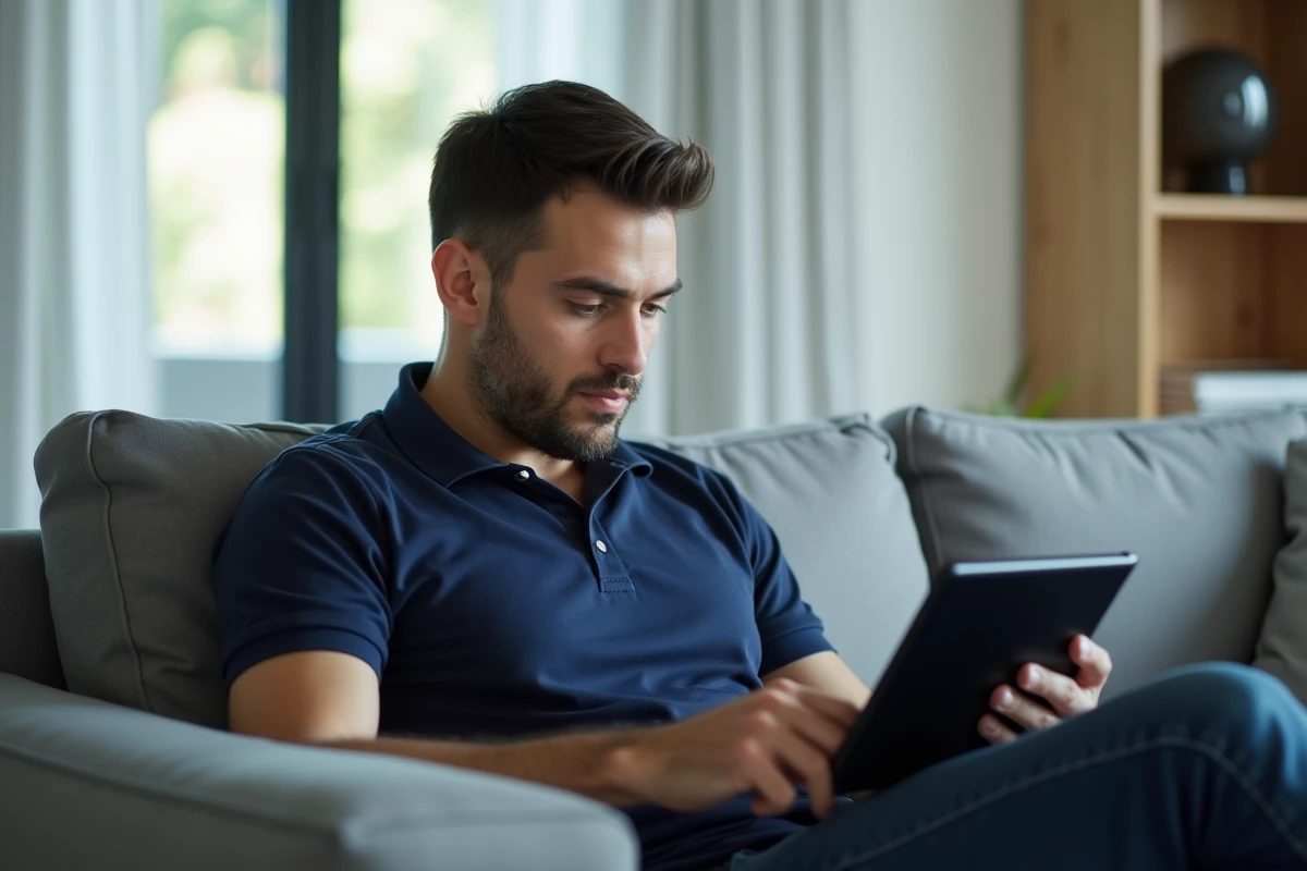 Homme utilisant une tablette Samsung pour enregistrer l'écran dans un salon moderne