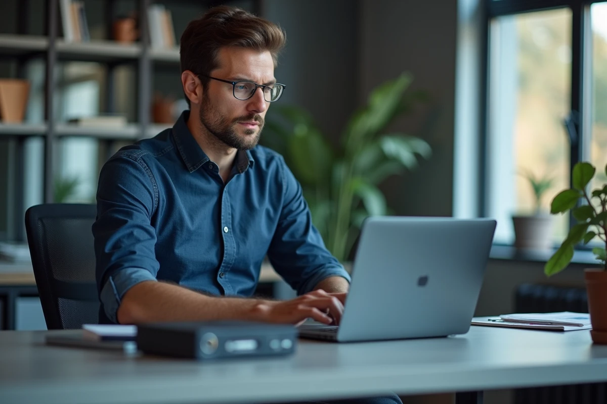 Homme d'affaires en tech analysant des données avec un ordinateur quantique