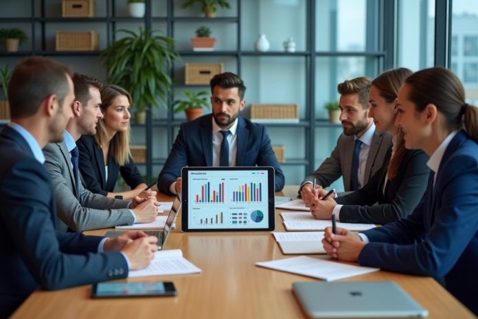 Groupe de professionnels en réunion avec tablette d'analyses marketing