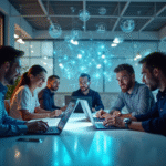 Groupe de professionnels du marketing collaborant autour d'une table moderne