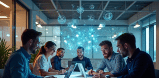 Groupe de professionnels du marketing collaborant autour d'une table moderne