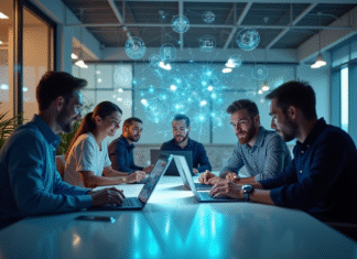 Groupe de professionnels du marketing collaborant autour d'une table moderne