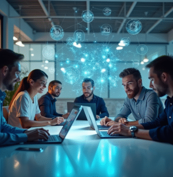 Groupe de professionnels du marketing collaborant autour d'une table moderne