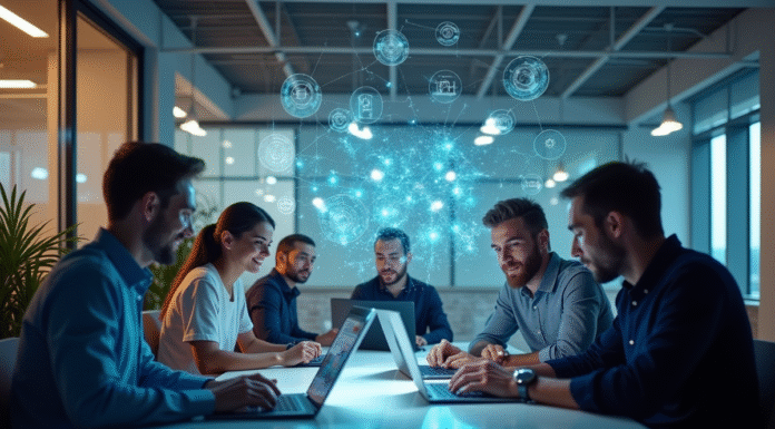 Groupe de professionnels du marketing collaborant autour d'une table moderne