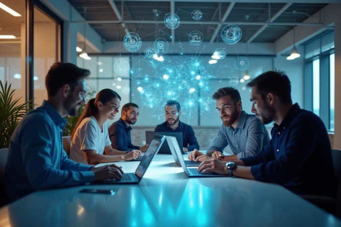 Groupe de professionnels du marketing collaborant autour d'une table moderne