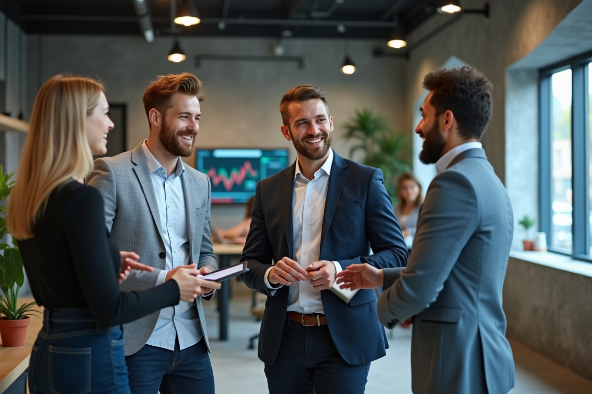 Groupe de jeunes professionnels discutant autour d un ecran