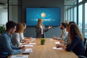 Groupe de collaborateurs en réunion autour d'un écran montrant un logiciel discontinu