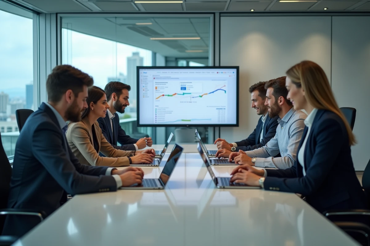 Groupe de collaborateurs discutant rapports Google en réunion