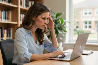 Femme frustrée devant son ordinateur portable essayant de se connecter au webmail académique de Nantes