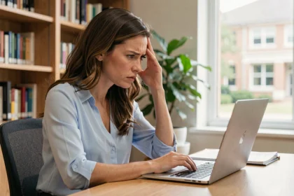 Femme frustrée devant son ordinateur portable essayant de se connecter au webmail académique de Nantes