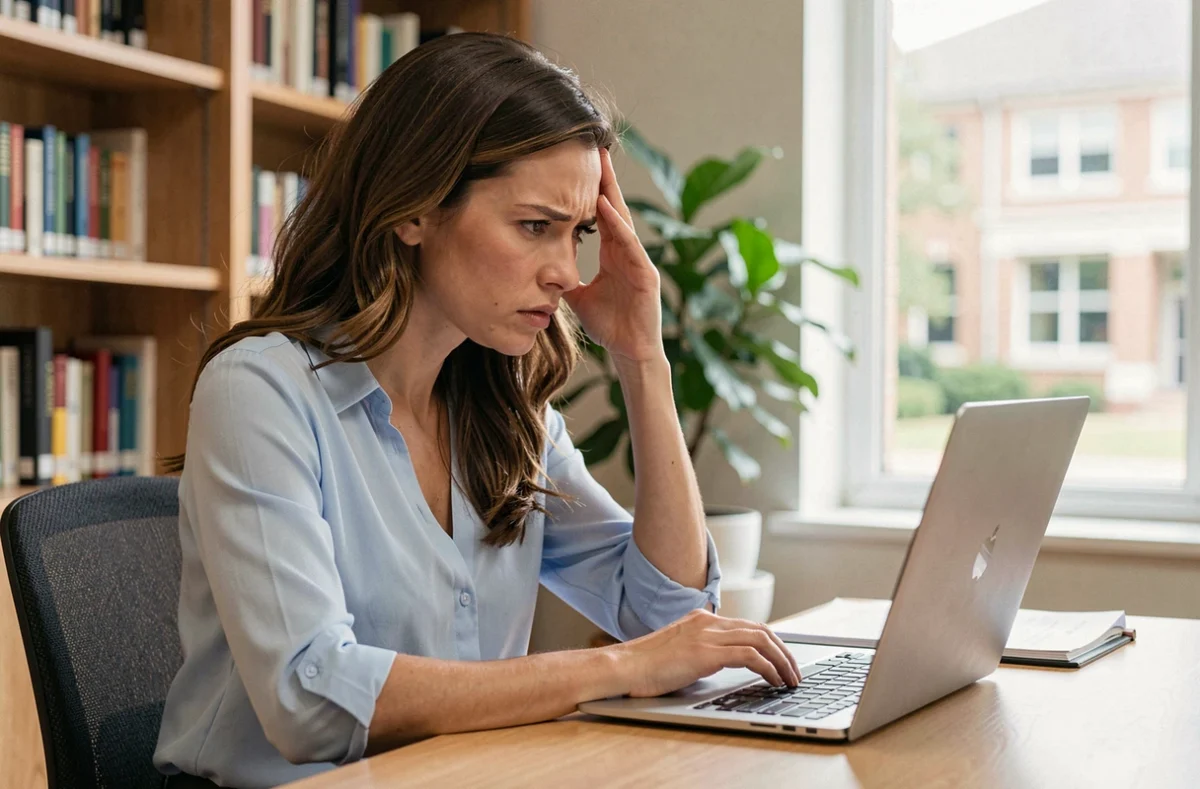 Femme frustrée devant son ordinateur portable essayant de se connecter au webmail académique de Nantes