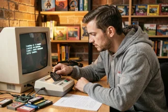 Homme configurant une émulation rétro sur SNES avec erreur affichée sur écran CRT