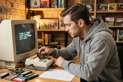 Homme configurant une émulation rétro sur SNES avec erreur affichée sur écran CRT
