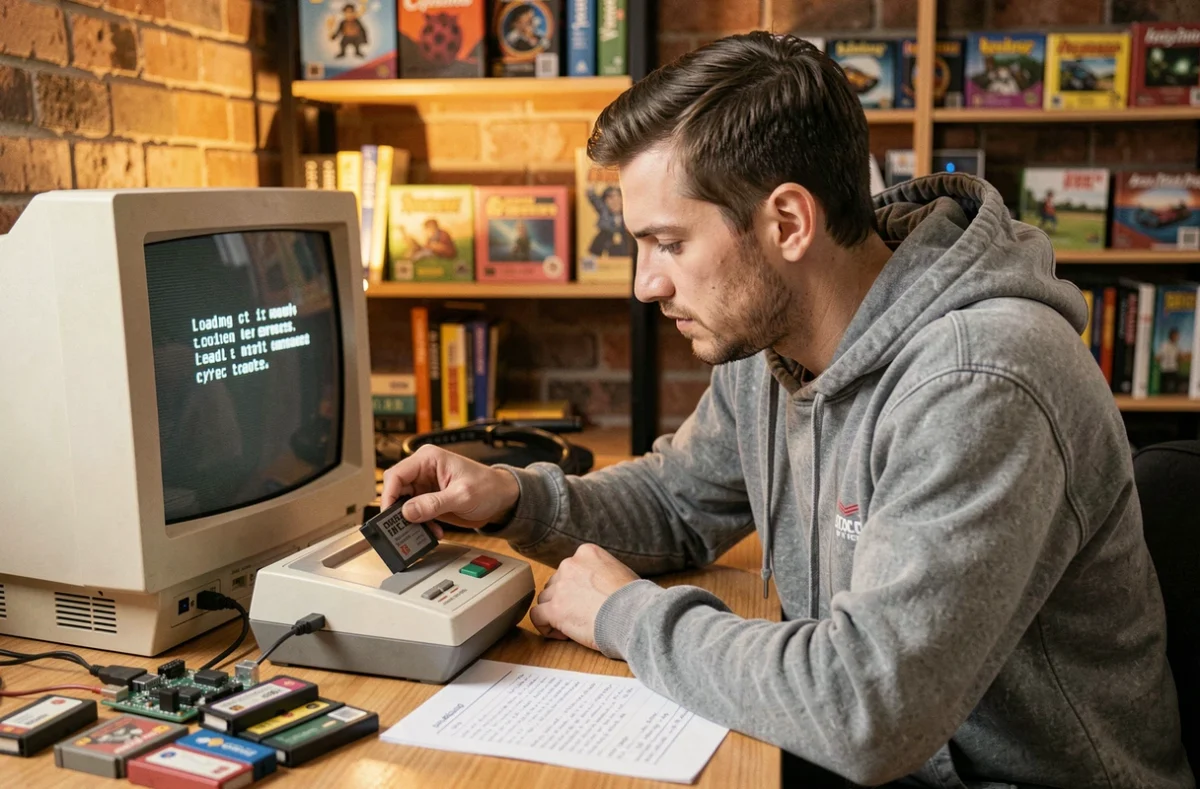 Homme configurant une émulation rétro sur SNES avec erreur affichée sur écran CRT