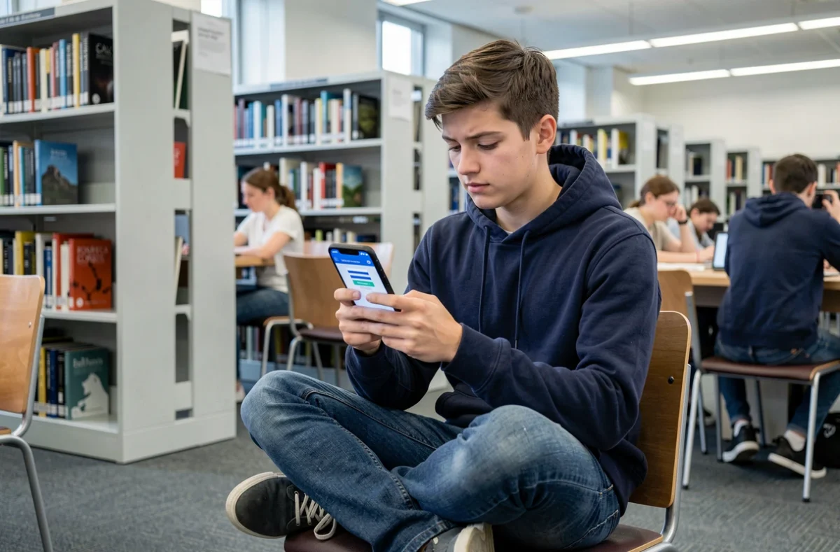 Étudiant consultant une erreur de connexion au webmail académique depuis son smartphone dans une bibliothèque universitaire
