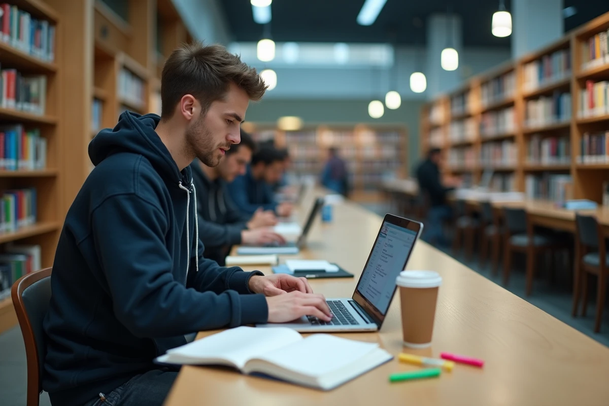 Étudiant gérant ses emails universitaires sur un MacBook dans une bibliothèque universitaire moderne à Nantes