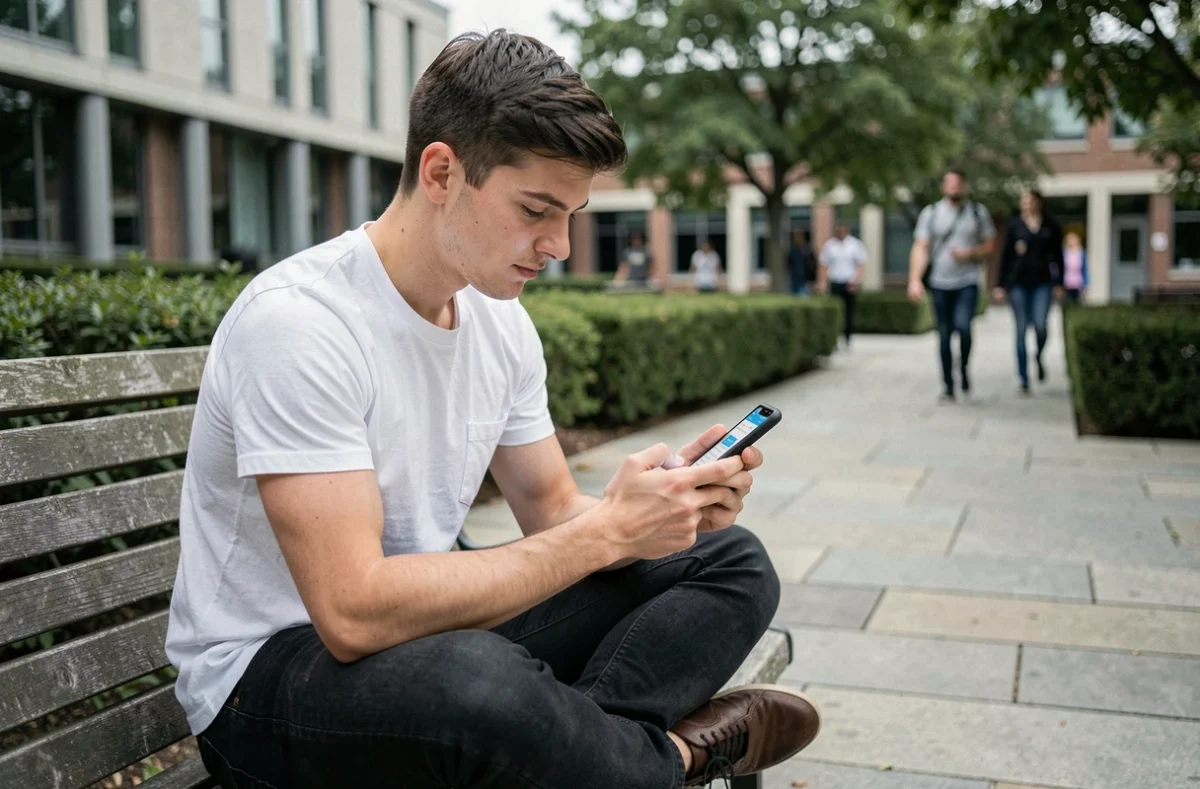 Étudiant rédigeant un message sur sa messagerie universitaire depuis son smartphone en extérieur sur le campus