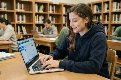 Étudiante consultant sa messagerie universitaire sur un portail étudiant en bibliothèque