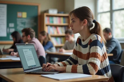 Étudiante universitaire concentrée sur son ordinateur portable en classe