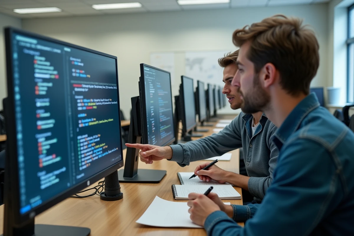 Deux étudiants développeurs collaborant sur la structure d'un module Python devant un écran dans une salle informatique universitaire