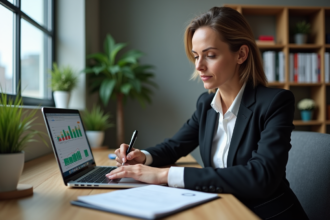 Femme d'affaires analysant un tableau coloré sur son ordinateur