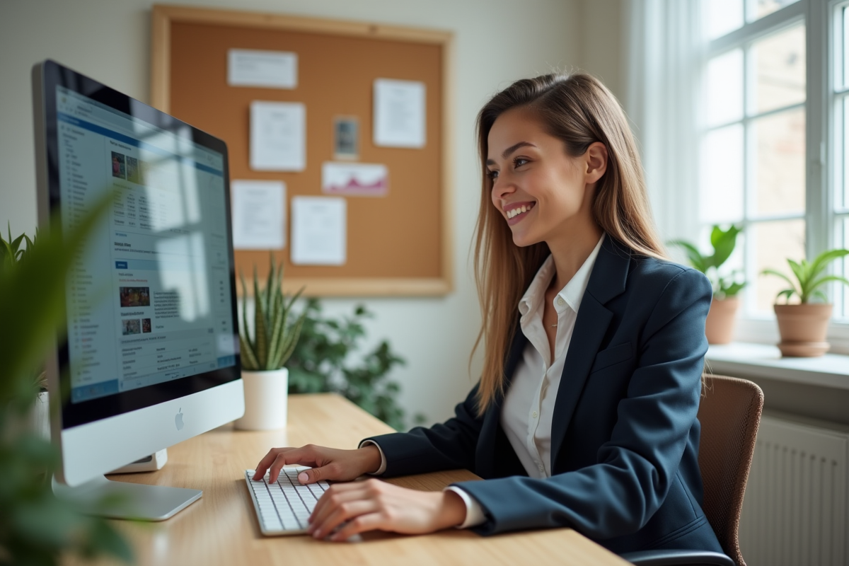 Jeune femme utilisant logiciel de marketing dans son bureau à domicile
