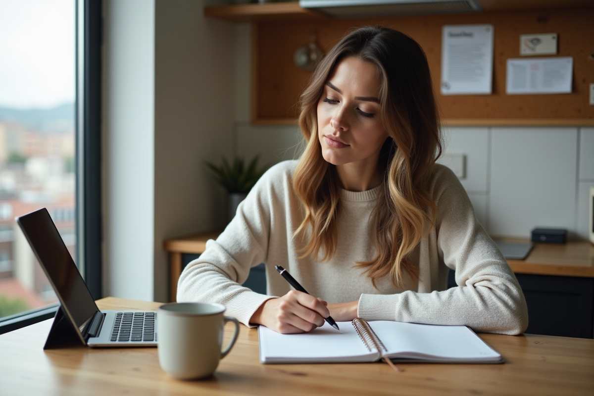 Femme en détente notant dans son planner à la maison