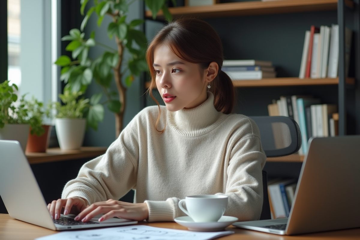Jeune femme au bureau examinant un diagramme de base de donnees